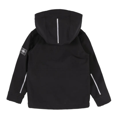 Manteau Mi-Saison Softshell - Nanö noir avec détails réfléchissants gris, capuche, pour enfant, vue de dos.