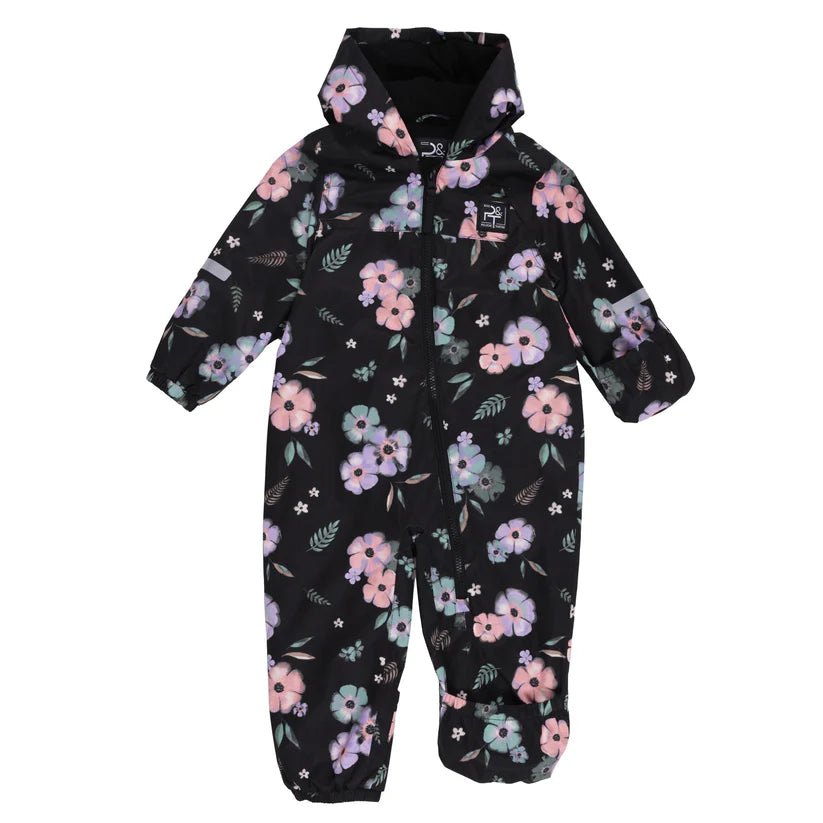 Ensemble 1 pièce - Peluche & Tartine combinaison imperméable noire à fleurs roses et violettes avec capuche et fermeture zippée avant
