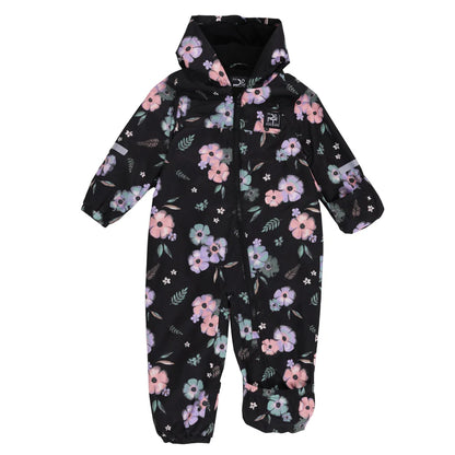 Ensemble 1 pièce - Peluche & Tartine combinaison imperméable noire à fleurs roses et violettes avec capuche et fermeture zippée avant
