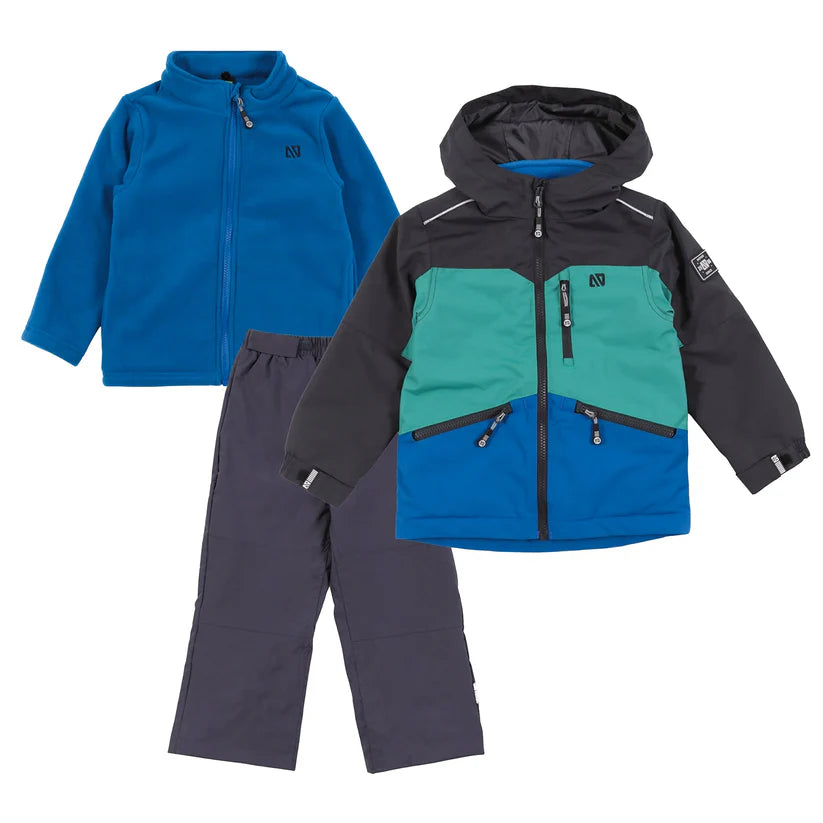 Ensemble Mi-Saison 3-en-1 - Nanö bleu, vert et gris, imperméable avec capuchon, veste polaire et pantalon, pour enfant, vue de face.