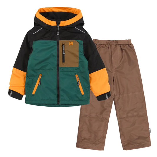 Ensemble Mi-Saison - Nanö veste imperméable verte, noire et orange avec pantalon marron, pour enfant, vue de face.