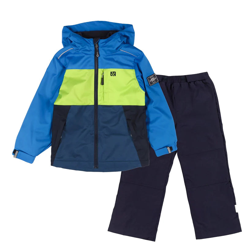 Ensemble Mi-Saison - Nanö bleu, vert et noir, veste à capuchon et pantalon, imperméable, pour enfant, vue de face.