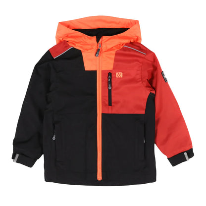 Manteau Mi-Saison - Nanö orange et noir pour enfant, capuchon à visière, vue de face, tissu imperméable et déperlant