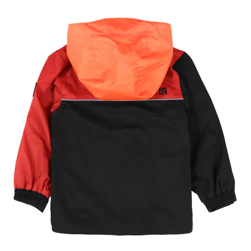 Manteau Mi-Saison - Nanö enfant avec capuchon orange, manches rouge et corps noir, vue de dos, style imperméable.