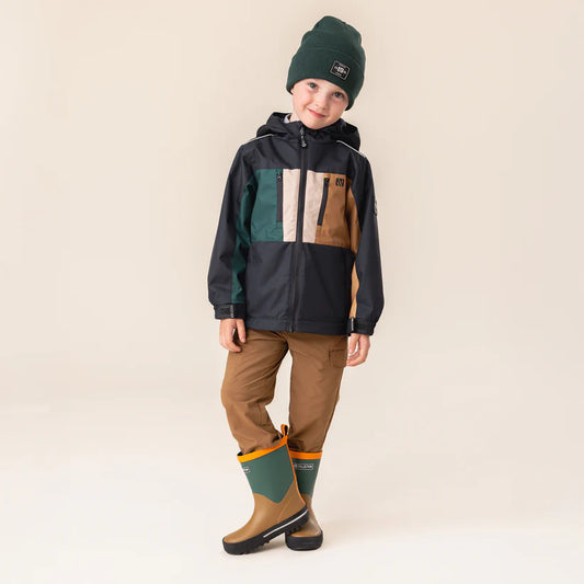 Manteau Mi-Saison - Nanö noir, vert et beige, imperméable, pour enfant garçon, porté face, capuchon avec visière.
