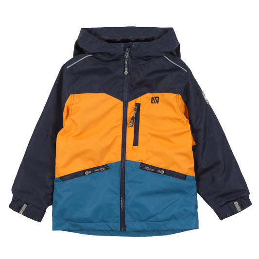 Manteau Mi-Saison 3 en 1 - Nanö enfant coloris bleu marine, orange et bleu canard, vue de face, capuche incluse