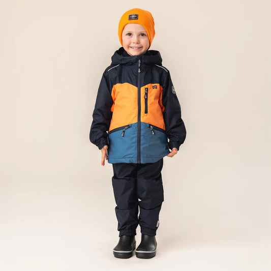 Manteau Mi-Saison 3 en 1 - Nanö bleu marine, orange et bleu, enfant garçon, vue de face, capuche avec visière.