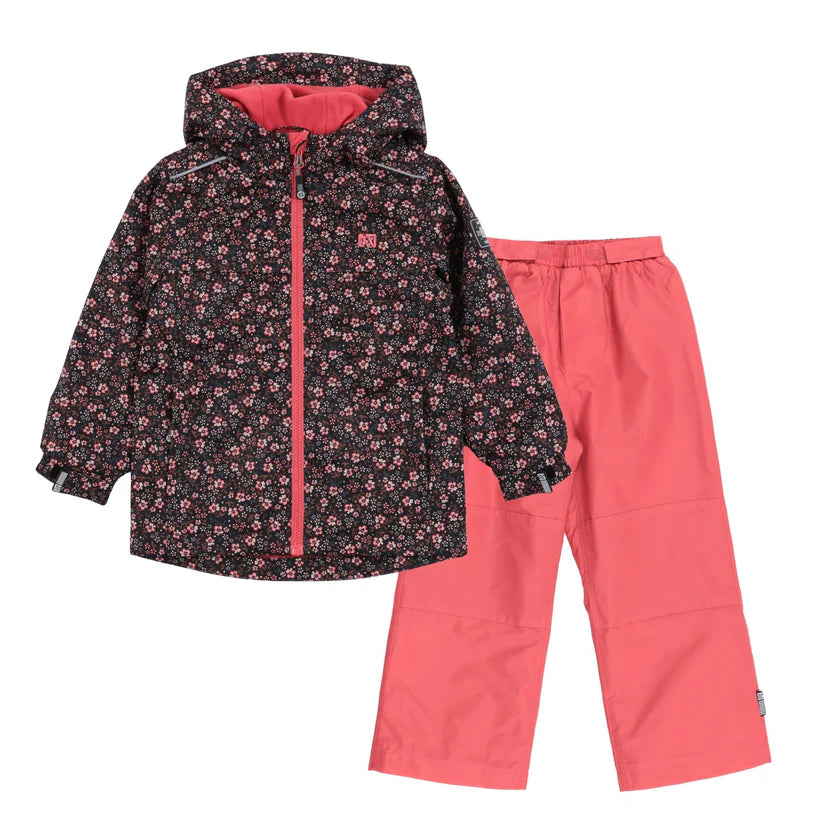 Ensemble Mi-Saison Louise - Nanö pour enfant, veste noire à fleurs roses et pantalon uni rose, vue de face sur fond blanc