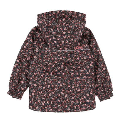 Ensemble Mi-Saison Louise - Nanö, veste imperméable fleuri rose et noir pour enfant, vue de dos avec capuchon