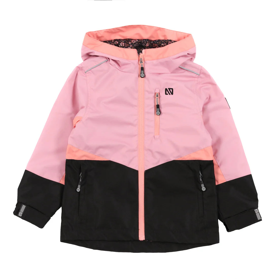 Manteau Mi-Saison - Nanö rose et noir avec capuchon, poches zippées, et fermeture YKK résistante à l’eau et déperlante.