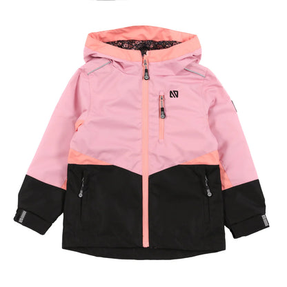 Manteau Mi-Saison - Nanö rose et noir avec capuchon, poches zippées, et fermeture YKK résistante à l’eau et déperlante.