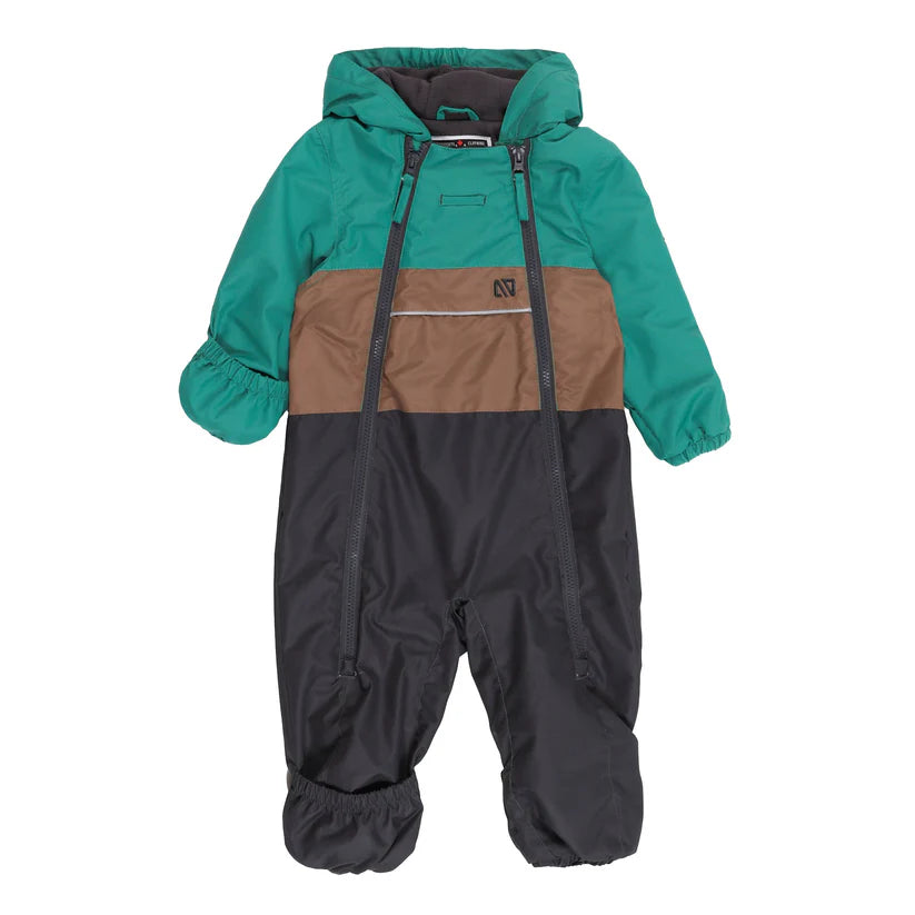 Combinaison de pluie - Nanö bicolore vert, marron et noir pour enfant, capuche, vue de face sans mannequin.