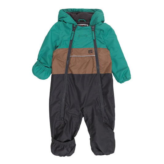 Combinaison de pluie - Nanö bicolore vert, marron et noir pour enfant, capuche, vue de face sans mannequin.