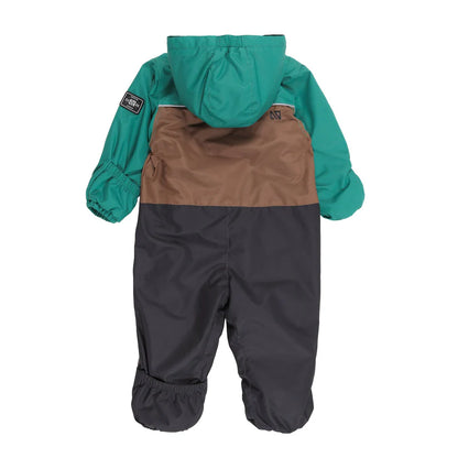 Combinaison de pluie - Nanö enfant tricolore vert, marron, noir, vue de dos avec capuche et manches longues