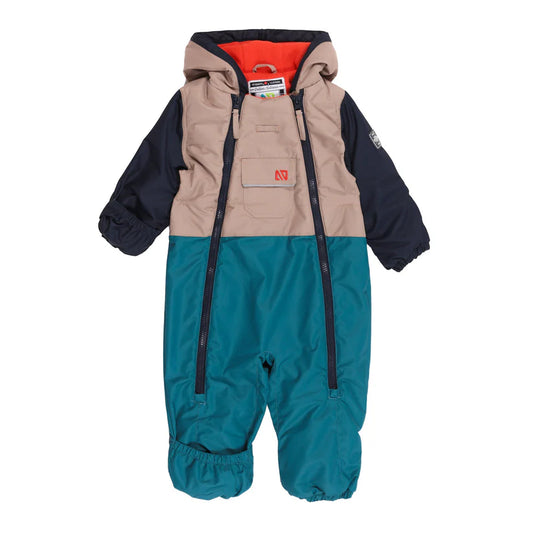 Combinaison mi-saison - Nanö beige, bleu pétrole et noir en textile imperméable, pour bébé, vue de face, galerie 1