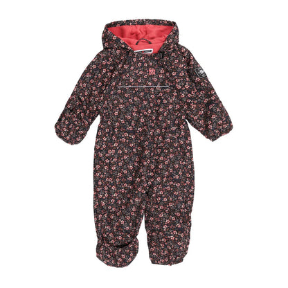 Une pièce Mi-Siason Louise - Nanö noir à motifs floraux roses et rouges, doublure corail, combinaison bébé fille vue de face