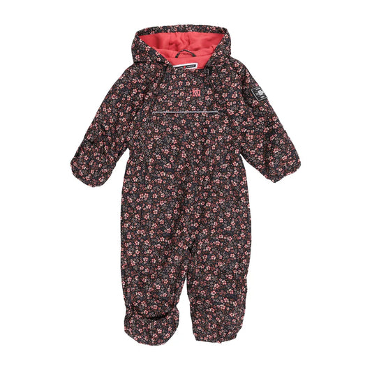 Une pièce Mi-Siason Louise - Nanö noir à motifs floraux roses et rouges, doublure corail, combinaison bébé fille vue de face