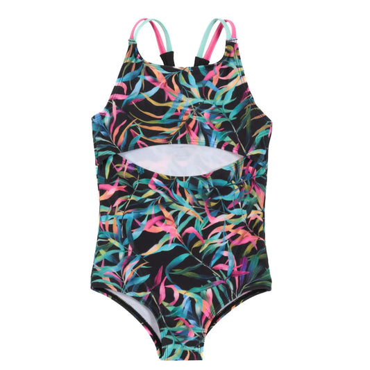 Maillot de bain - Nanö une pièce imprimé multicolore avec découpe devant, bretelles contrastantes, vue de face enfant.