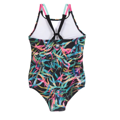Maillot de bain - Nanö une pièce noir avec motifs feuillages multicolores, bretelles roses et turquoise, vue de dos enfant
