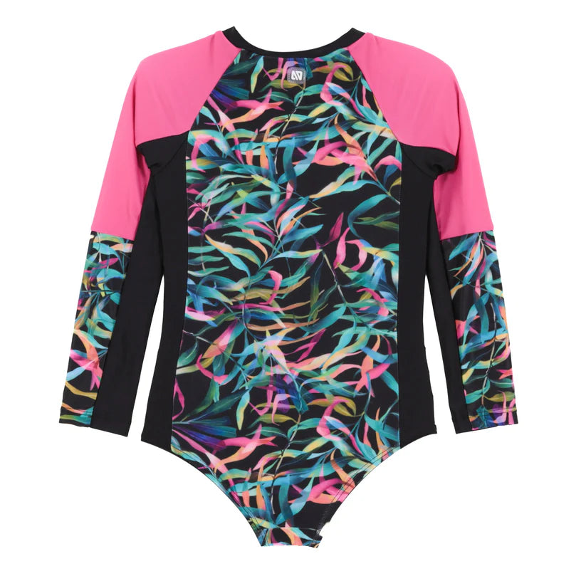 Maillot de bain - Nanö une-pièce à manches longues noir rose avec motifs feuilles multicolores pour enfant vue de face