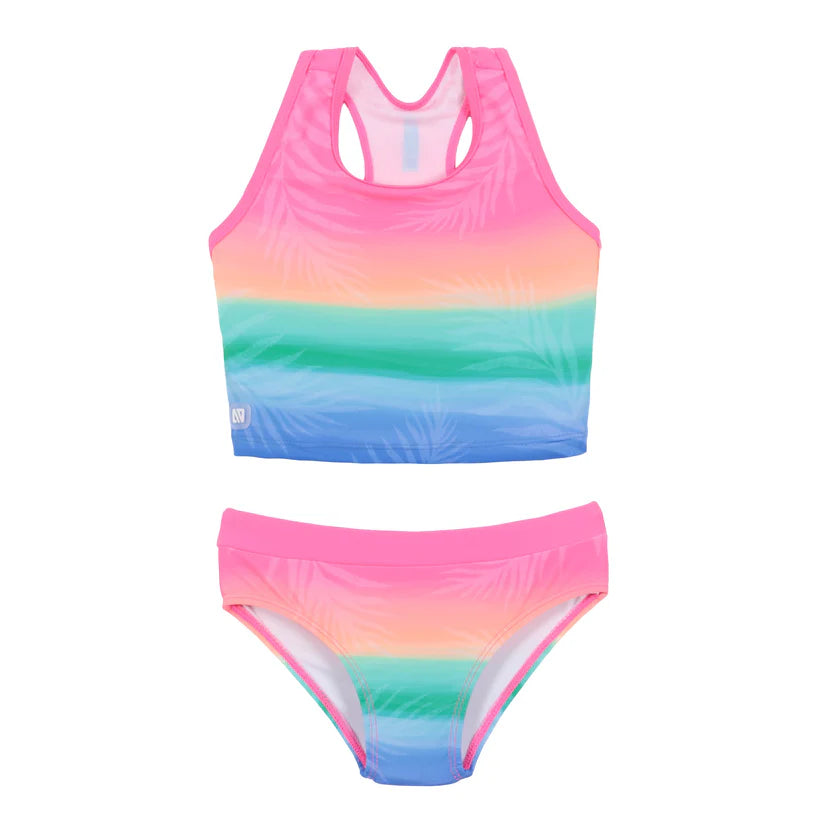 Maillot de bain - Nanö bicolore rose, orange, vert, bleu avec bretelles larges et dos nageur, pour fille, vue de face