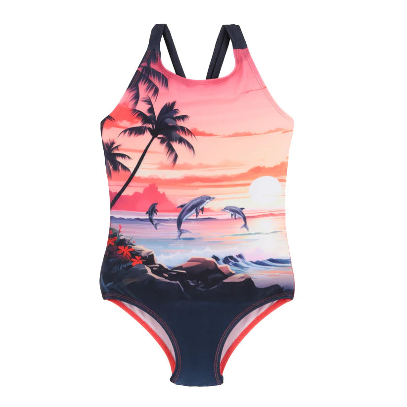 Maillot de bain - Nanö une pièce rose et bleu marine avec imprimé dauphins et palmiers, bretelles larges, vue de face