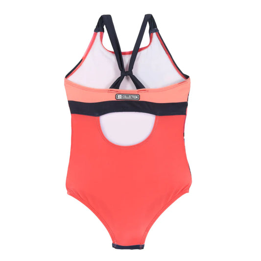 Maillot de bain - Nanö une pièce corail avec empiècements pêche et noirs, découpe ouverte au dos, porté vue arrière.
