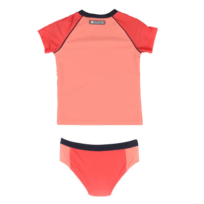 Maillot de bain - Nanö corail et rouge à manches courtes raglan pour enfant, vue de dos sur fond blanc