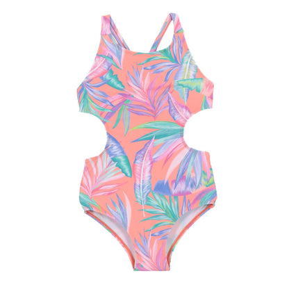 Maillot de bain - Nanö une pièce corail avec imprimé feuilles multicolores, découpes latérales, vue de face, enfant.