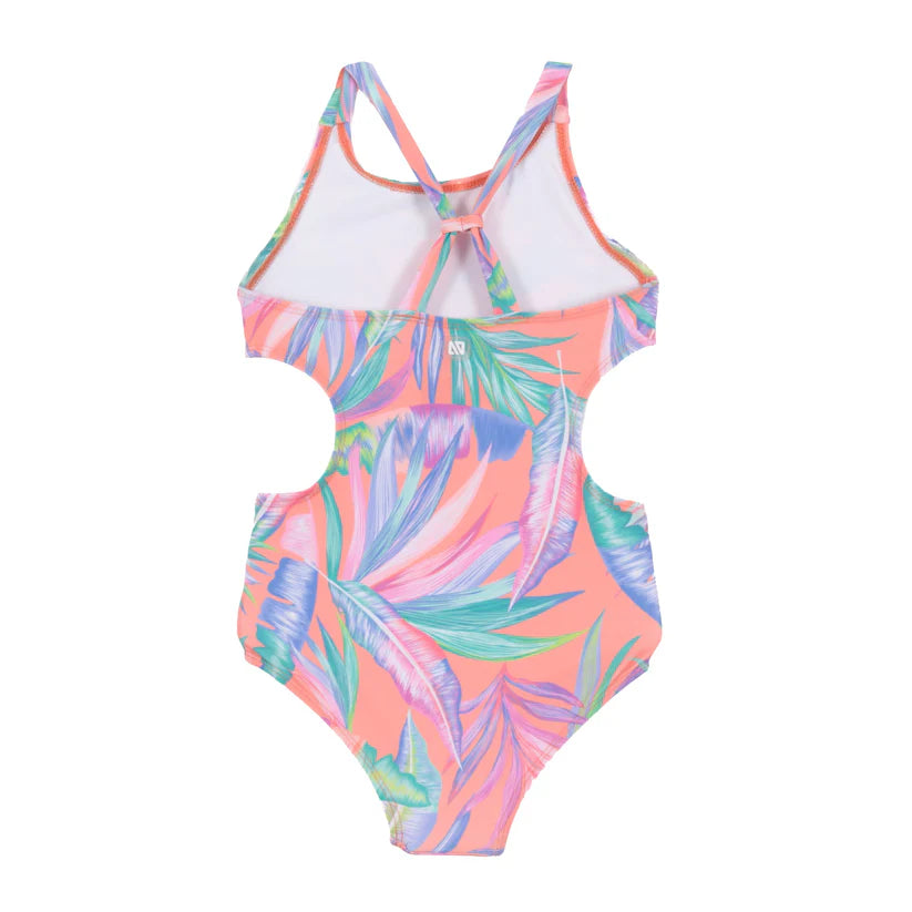 Maillot de bain - Nanö une-pièce corail à motifs feuilles violettes et vertes, découpes côtés, vue de dos, enfant fille