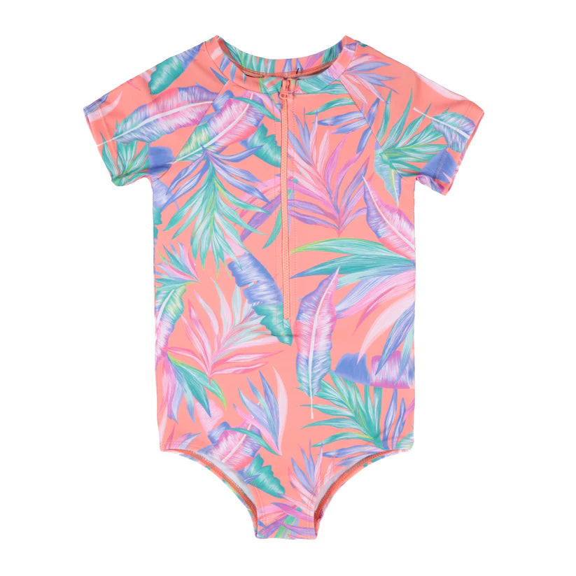 Maillot de bain - Nanö une-pièce corail à motifs feuilles multicolores, manches courtes, fermeture zippée, pour enfant, vue de face