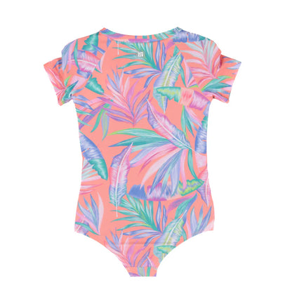 Maillot de bain - Nanö une pièce corail à manches courtes avec motifs feuilles multicolores pour enfant, vue de dos