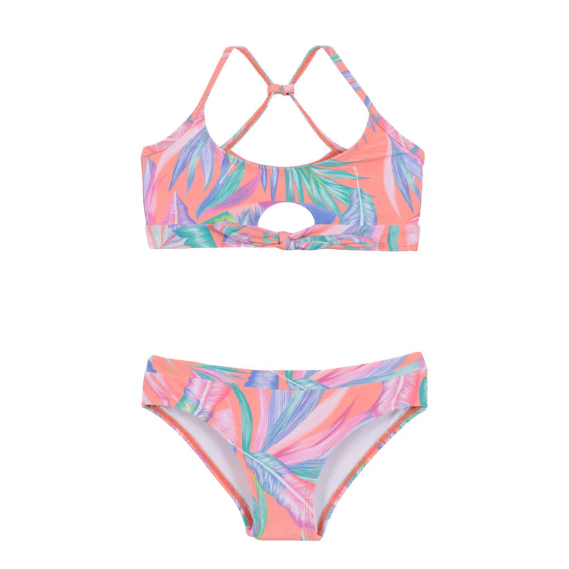 Maillot de bain - Nanö deux pièces corail à motifs feuilles vertes et violettes, bretelles fines ajustables, vue de dos sur fond blanc
