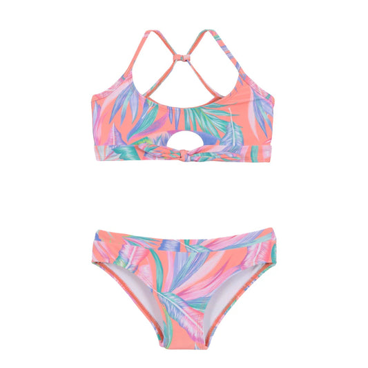 Maillot de bain - Nanö deux pièces corail à motifs feuilles vertes et violettes, bretelles fines ajustables, vue de dos sur fond blanc