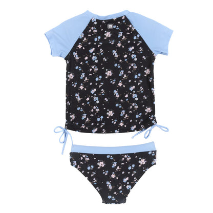 Maillot de bain - Nanö tankini noir imprimé fleurs bleues et roses avec manches courtes bleues pour enfant vue de dos