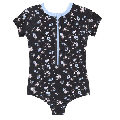 Maillot de bain - Nanö une pièce noir à motifs floraux bleu et rose, manches courtes unies, fermeture éclair avant, vue de face