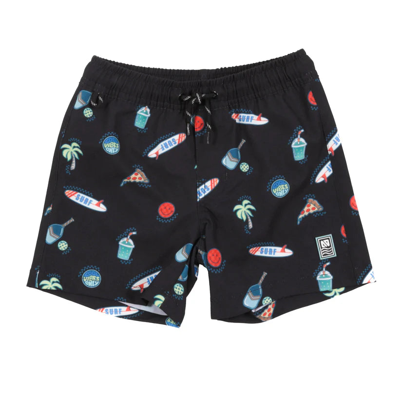 Maillot de bain - Nanö short noir imprimé motifs surf pizza palmier pour bébé garçon, vue de face