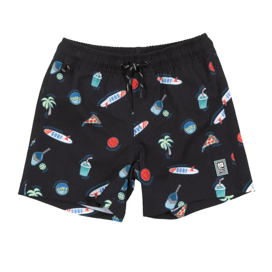 Maillot de bain - Nanö short noir imprimé motifs surf pizza palmier pour bébé garçon, vue de face