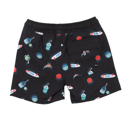 Maillot de bain - Nanö short noir à imprimés colorés surf et boissons, taille élastique, poche dos, pour bébé garçon, vue de dos