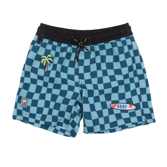 Maillot de bain - Nanö short bleu à damiers avec cordon noir et motifs surf et palmier, pour bébé garçon, vue de face