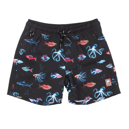 Maillot de bain - Nanö short noir à motifs poulpes et poissons colorés pour garçon, vue de face, tissu synthétique polyester