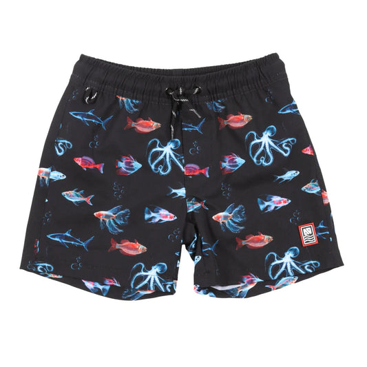 Maillot de bain - Nanö short noir à motifs poulpes et poissons colorés pour garçon, vue de face, tissu synthétique polyester