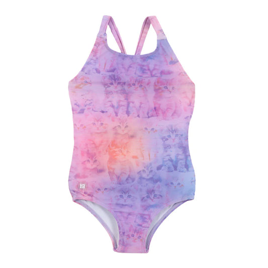 Maillot de bain - Nanö une-pièce rose et violet avec motifs de chats pour enfant, vue de face, bretelles larges ajustables
