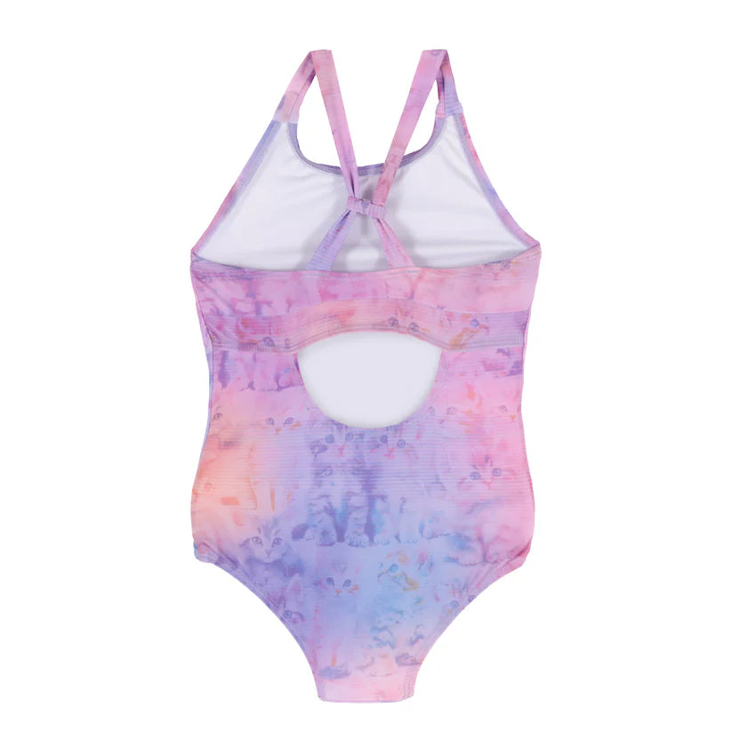 Maillot de bain - Nanö une-pièce fille imprimé pastel rose violet avec découpe dos et bretelles ajustables, vue de dos