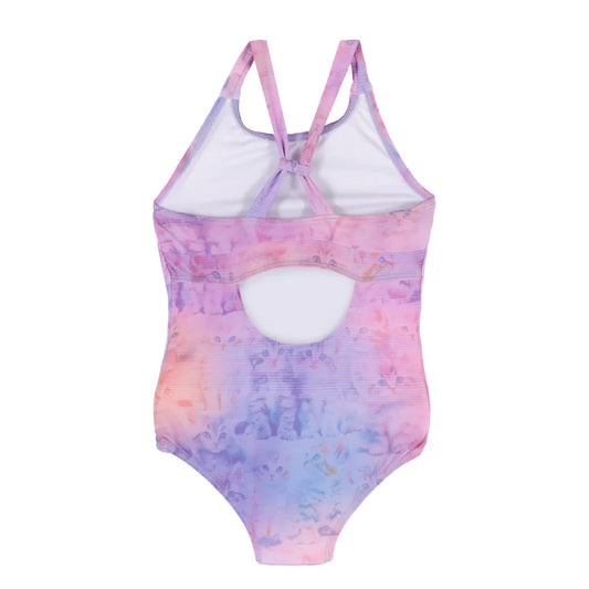 Maillot de bain - Nanö une-pièce fille imprimé pastel rose violet avec découpe dos et bretelles ajustables, vue de dos