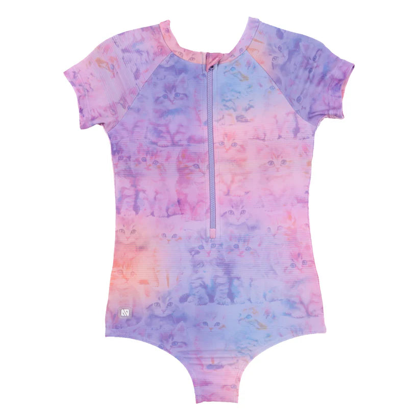 Maillot de bain - Nanö une-pièce pastel rose et violet à manches courtes unies, zip devant, pour enfant, vue de face