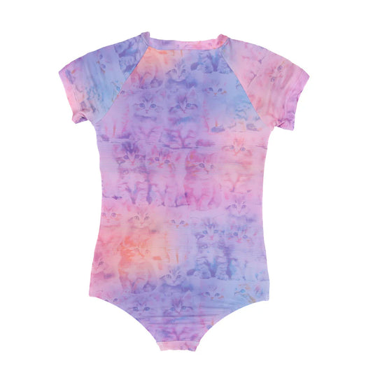 Maillot de bain - Nanö une-pièce manches courtes raglan rose et violet avec imprimé chats, pour enfant, vue de dos