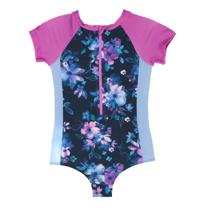 Maillot de bain - Nanö une pièce manches courtes rose et bleu clair avec imprimé floral violet bleu pour enfant vue de face