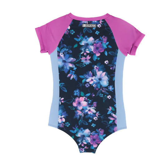 Maillot de bain - Nanö une pièce imprimé floral violet bleu à manches courtes raglan, pour enfant, vue de dos