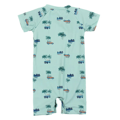 Maillot de bain - Nanö combinaison bleu clair imprimé voitures et palmiers, manches courtes, bébé, vue de dos